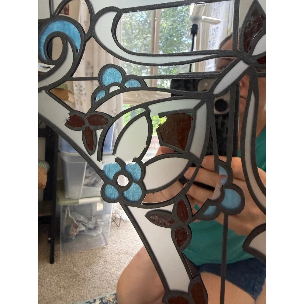 Vintage Faux Stained Glass Floral Wall Mirror Wood Frame Blue Brown 31.5x25.5